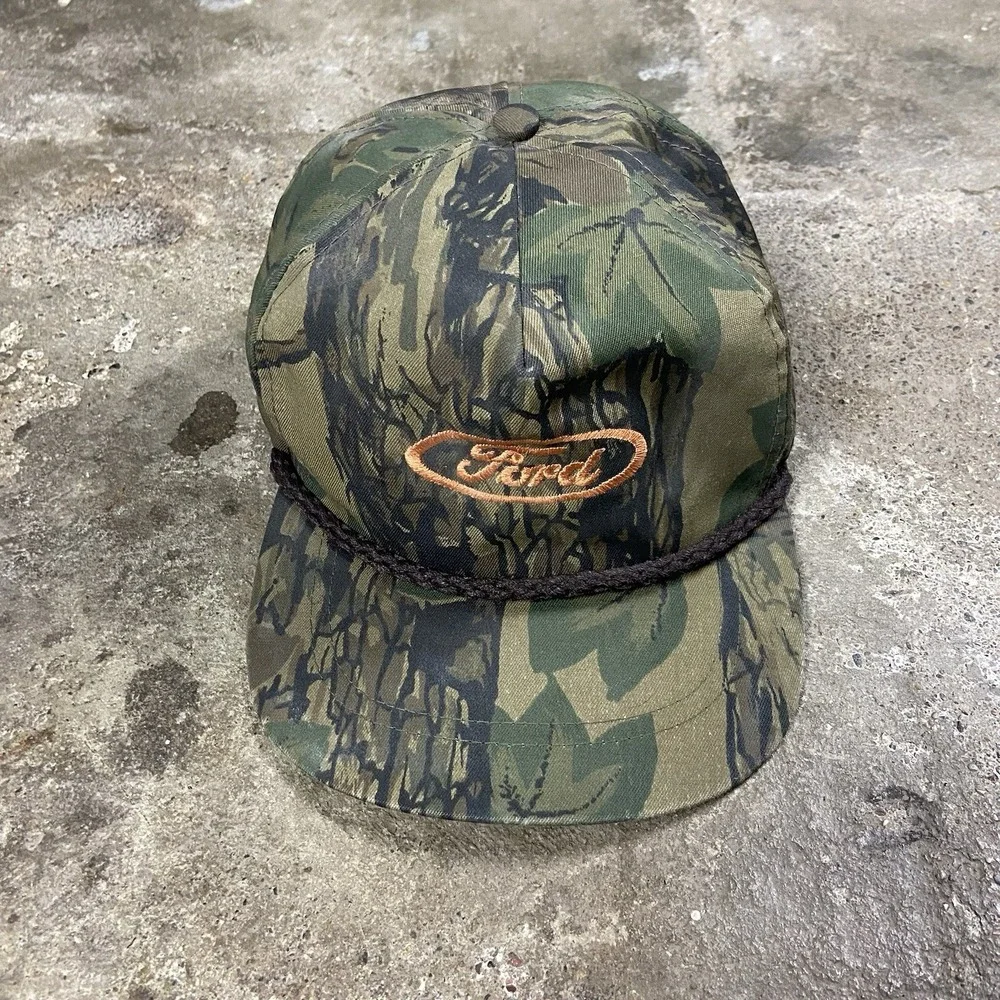 Vintage 80s Ford Cap Leather Strap Back Adjustable Camouflage Motor Racing Logo